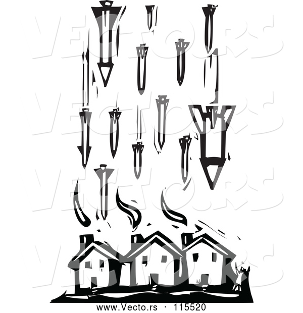 Vector of Civilian Houses Being Attacked by Missile Bombs in Black Lineart