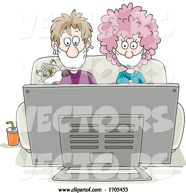 Vector of Couple and Cat Wearing Masks and Watching the News About Coronavirus