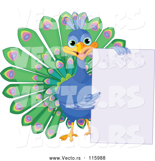 Vector of Cute Happy Peacock Holding a Blank Sign