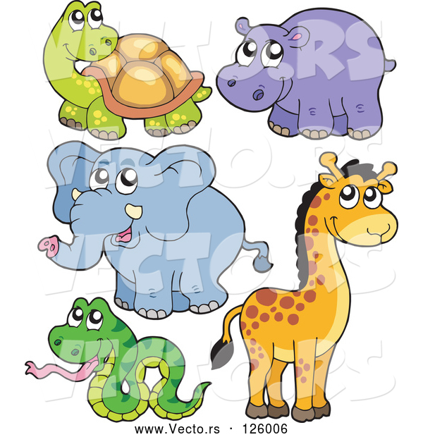 Vector of Cute Tortoise, Hippo, Elephant, Giraffe and Snake