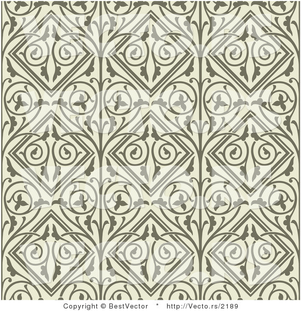 Vector of Dark Green Floral Vines and Diamonds over Beige Seamless Background