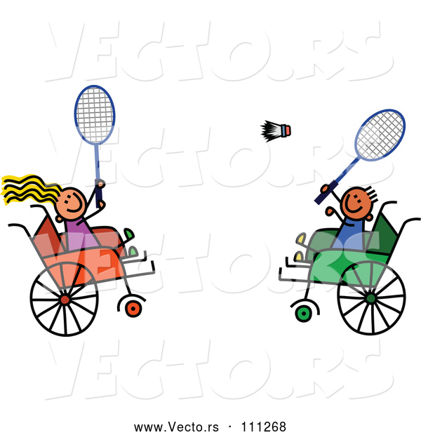 Vector of Disabled Boy and Girl Playing Badminton in Wheelchairs