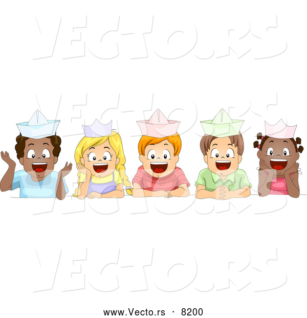 Vector of Diverse Cartoon School Children Wearing Paper Hats and Smiling