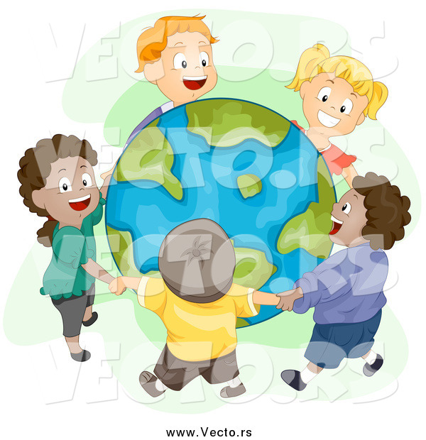 Vector of Diverse Happy Kids Holding Hands and Standing Around Earth