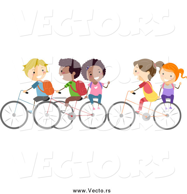 Vector of Diverse Stick Kids Riding Bikes to School