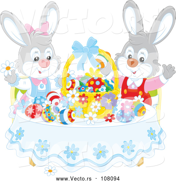 Vector of Easter Bunny Rabbits Cheering at a Table with Eggs and a Basket