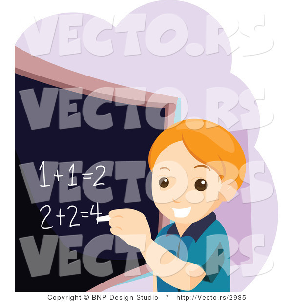 Vector of Educated School Boy Doing Math Equations on a Chalk Board