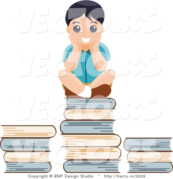 Vector of Educated School Boy Sitting on Stack of Books