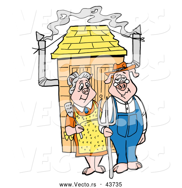 Vector of Elderly Cartoon Husband and Wife Pigs Standing in Front of a BBQ Smoker