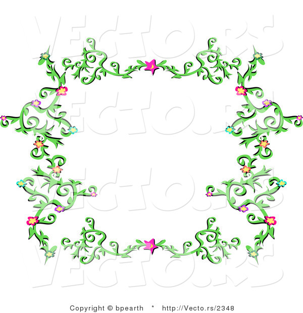 Vector of Elegant Green Vines with Pink Stars and Colorful Flowers - Border Background Design