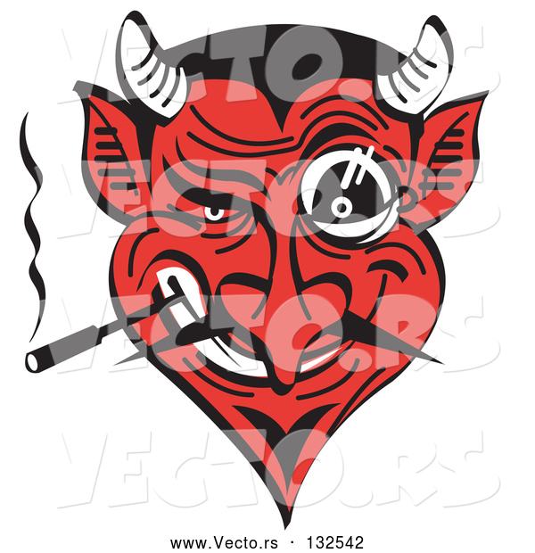 Vector of Evil and Greedy Devil with a Red Face Smoking and Grinning Clipart Illustration