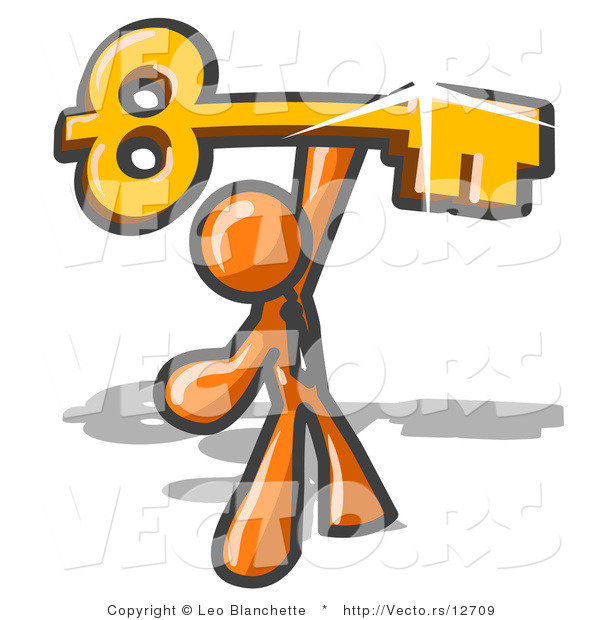Vector of Excited Orange Guy Holding up a Large Golden Skeleton Key