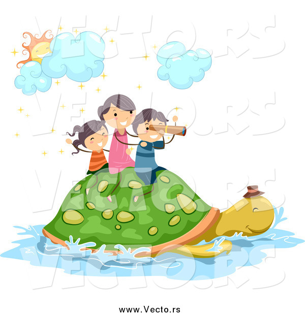 Vector of Excited Stick Kids Riding on a Turtle
