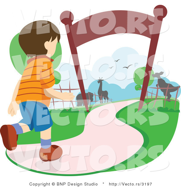 Vector of Excited Young Boy Running Towards Animals at a Zoo Entrance