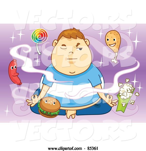 Vector of Fat Boy Meditating and Trying to Motivate Healthy Food Thoughts While Being Circled by Junk Food