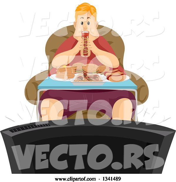 Vector of Fat Red Haired White Guy Binge Eating in Front of a Tv