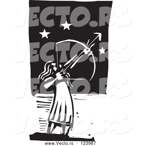Vector of Female Archer Aiming at the Stars Black and White Woodcut