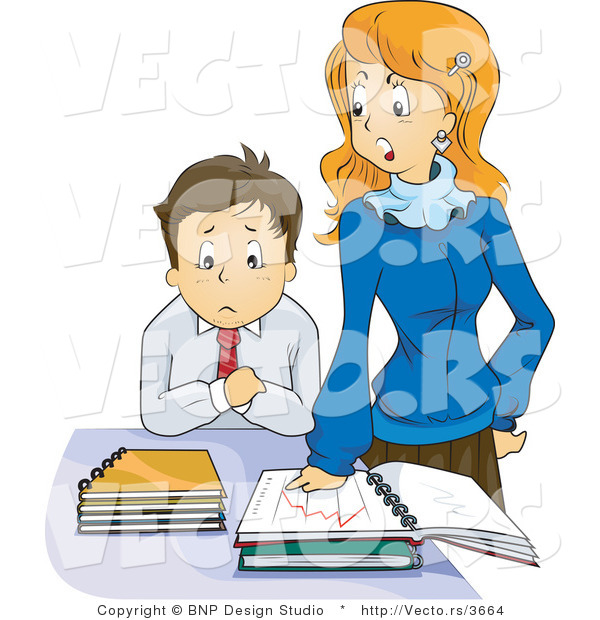 Vector of Female Boss Yelling at Her Employee While Going over Business Charts and Graphs