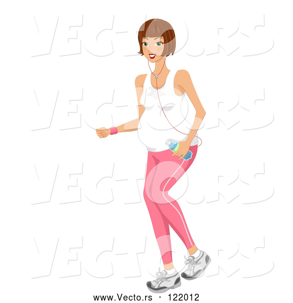 Vector of Fit Brunette Pregnant Woman Jogging with Water and an Mp3 Player