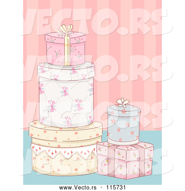 Vector of Floral Gifts over Pink Stripes Background