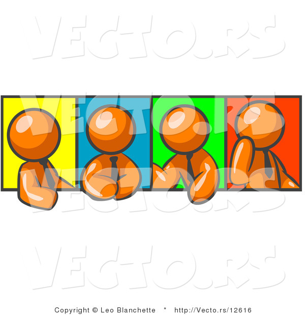 Vector of Four Orange Guys in Different Poses Against Colorful Backgrounds, Perhaps During a Meeting
