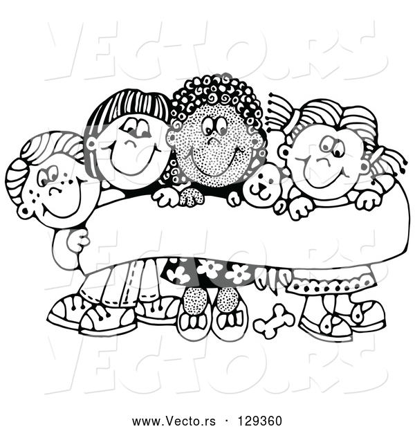 Vector of Four White and Black KChildren Smiling and Holding up a Sign with a Puppy