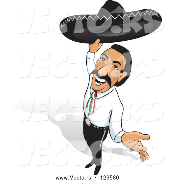 Vector of Friendly Mexican Man Holding up His Sombrero and Smiling