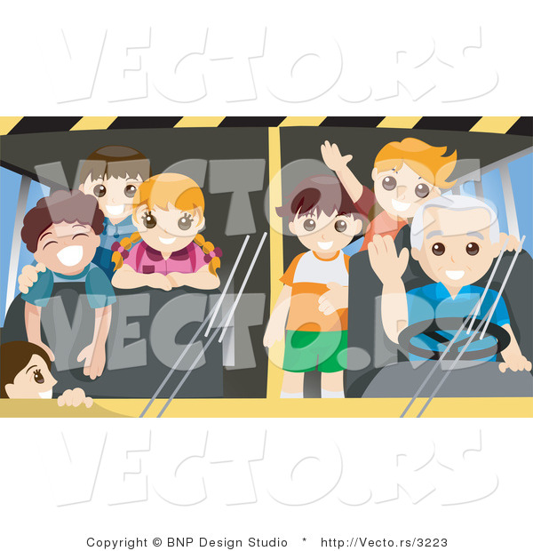 Vector of Friendly School Bus Driver with Happy Students Waving