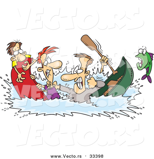 Vector of Friends Fighting While Sinking in a Canoe - Cartoon Fishing Design