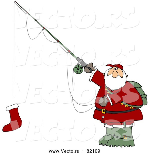 Vector of Funny Cartoon Santa Fishing with Christmas Stocking As Bait on Hook