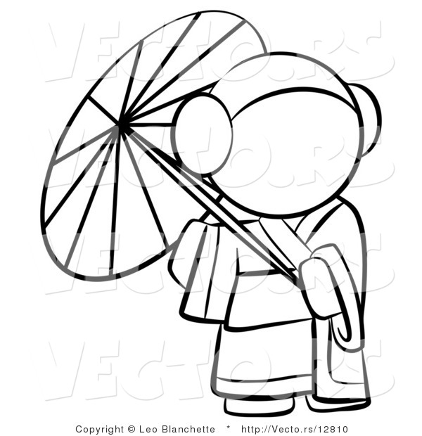 Vector of Geisha Woman Strolling with a Parasol - Coloring Page Outlined Art