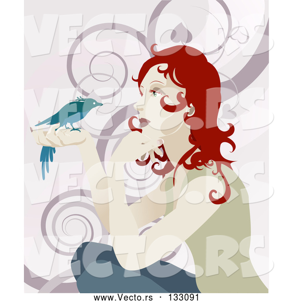 Vector of Gentle Redhead Lady Holding a Bird in Her Hand