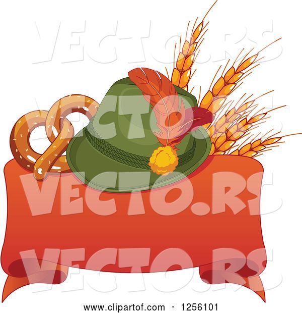 Vector of German Oktoberfest Hat with Wheat and a Soft Pretzel over a Red Ribbon Banner