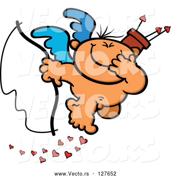 Vector of Giggling Nude Cupid Holding a Bow and Covering His Mouth While Dropping Hearts