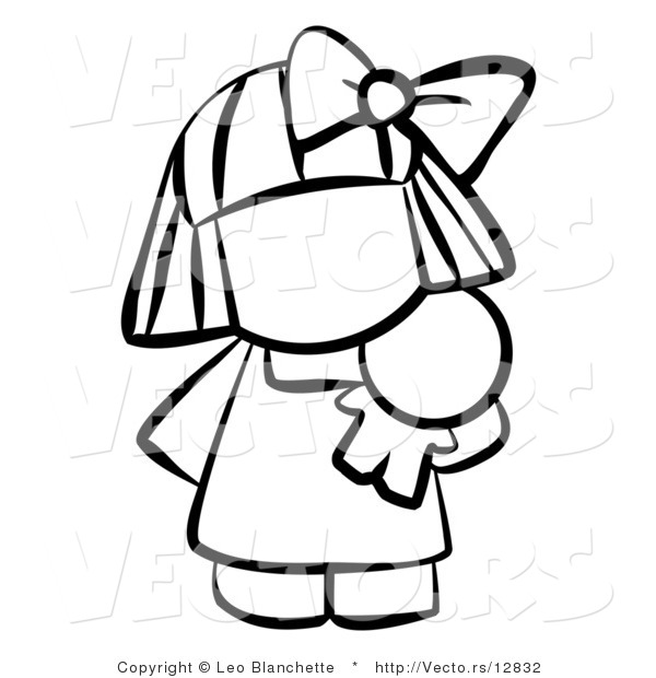 Vector of Girl Carrying a Doll - Coloring Page Outlined Art