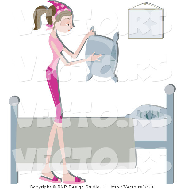 Vector of Girl Fluffing Pillows Beside a Bed