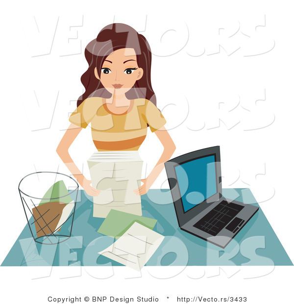 Vector of Girl Organizing Papers in Her Home Office