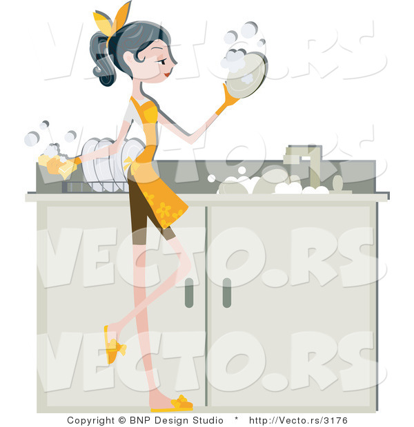 Vector of Girl Washing Dirty Dishes in a Sink