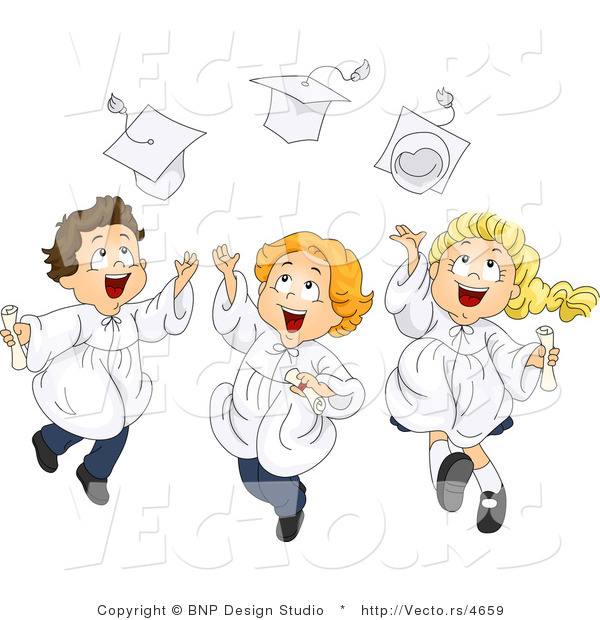 Vector of Graduate Cartoon Styled Kids Happily Tossing Their Caps into the Air
