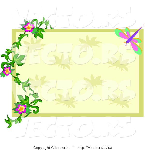 Vector of Green and Beige Rectangle with Floral Vines over Dragonfly Frame