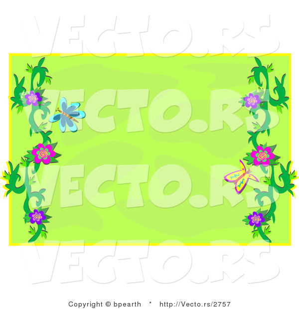 Vector of Green Background with Colorful Butterflies and Floral Vines