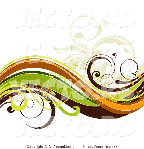 Vector of Green, Brown, Orange and Beige Waves with Vines and Orange Grunge Splatters
