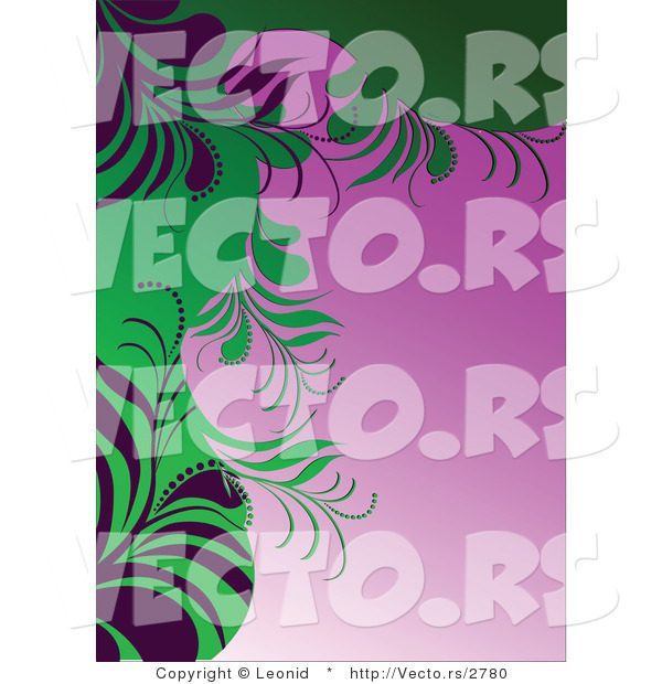 Vector of Green Floral Designs over Pink Gradient Background Version 2