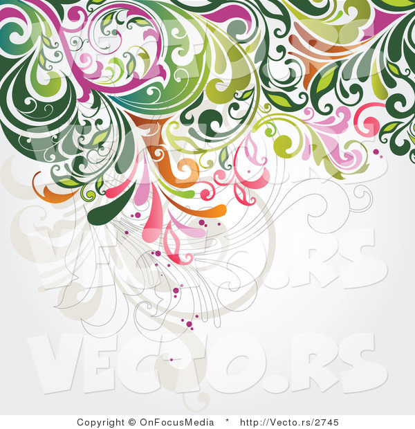 Vector of Green, Pink and Orange Floral Vines Pattern over Off-White Background Design