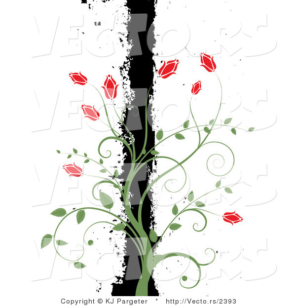 Vector of Green Vines with Red Flowers Climbing a Black Grunge Bar, over White Background