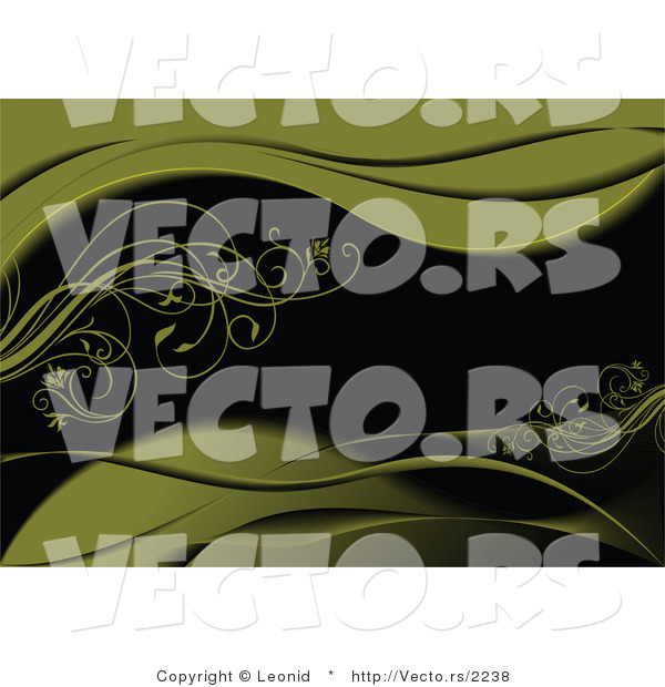 Vector of Green Waves and Vines over Black Background Border Design