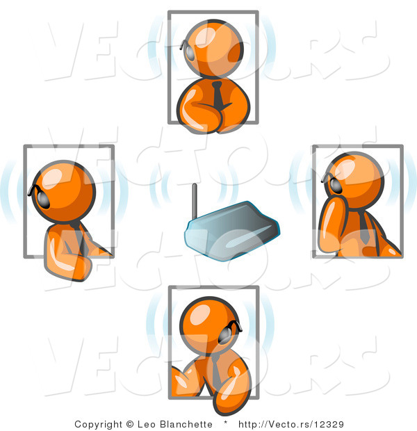 Vector of Group of Four Orange Business Guys Holding a Phone Conference and Wearing Wireless Bluetooth Headsets