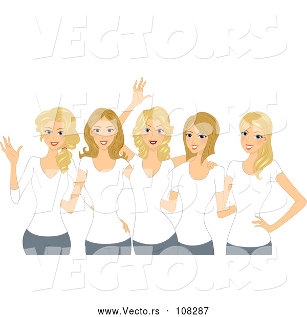 Vector of Group of Happy Blond White Women Wearing Matching White T Shirts