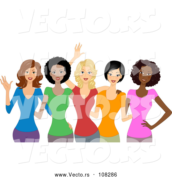 Vector of Group of Happy Diverse Women Wearing Colorful T Shirts