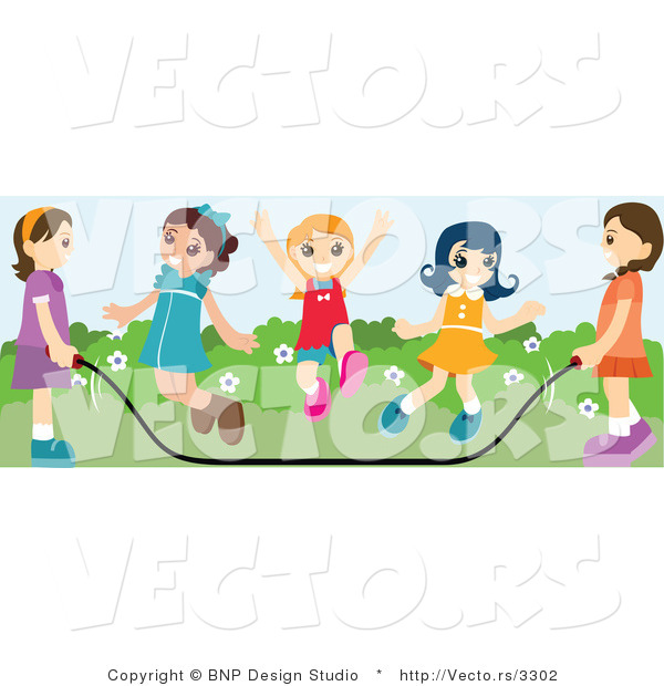 Vector of Group of Happy Young Girls Jumping Rope at Recess